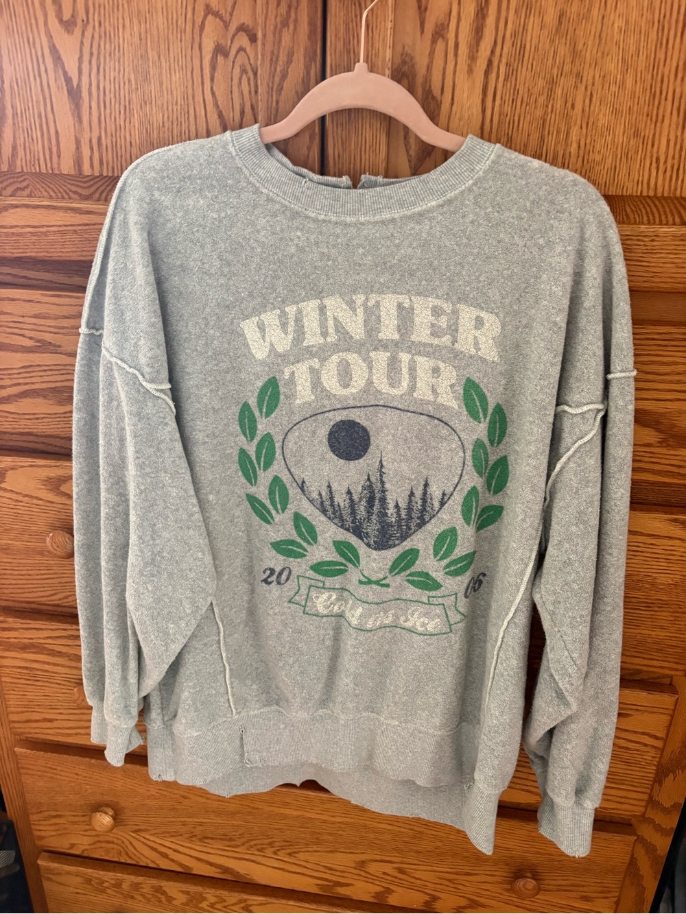 aerie Light Gray Crewneck Sweater with Green & Navy Graphic